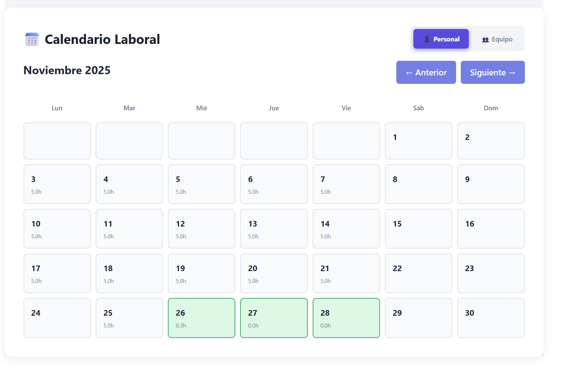 Calendario - Visualización clara de turnos, vacaciones y festivos